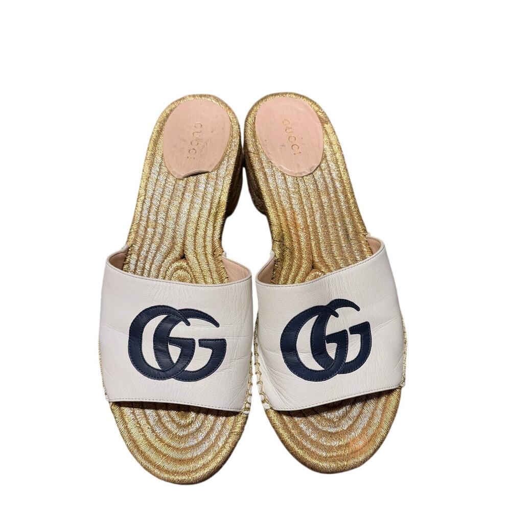 Gucci GG Marmont Platform Slide Sandals 40 Gold Espadrille 655820 - Picture 3 of 9